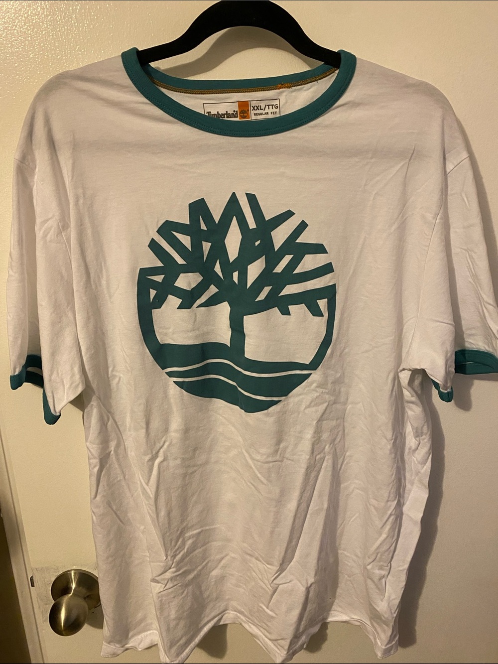 Timberland White Tee with Blue Logo and Trim